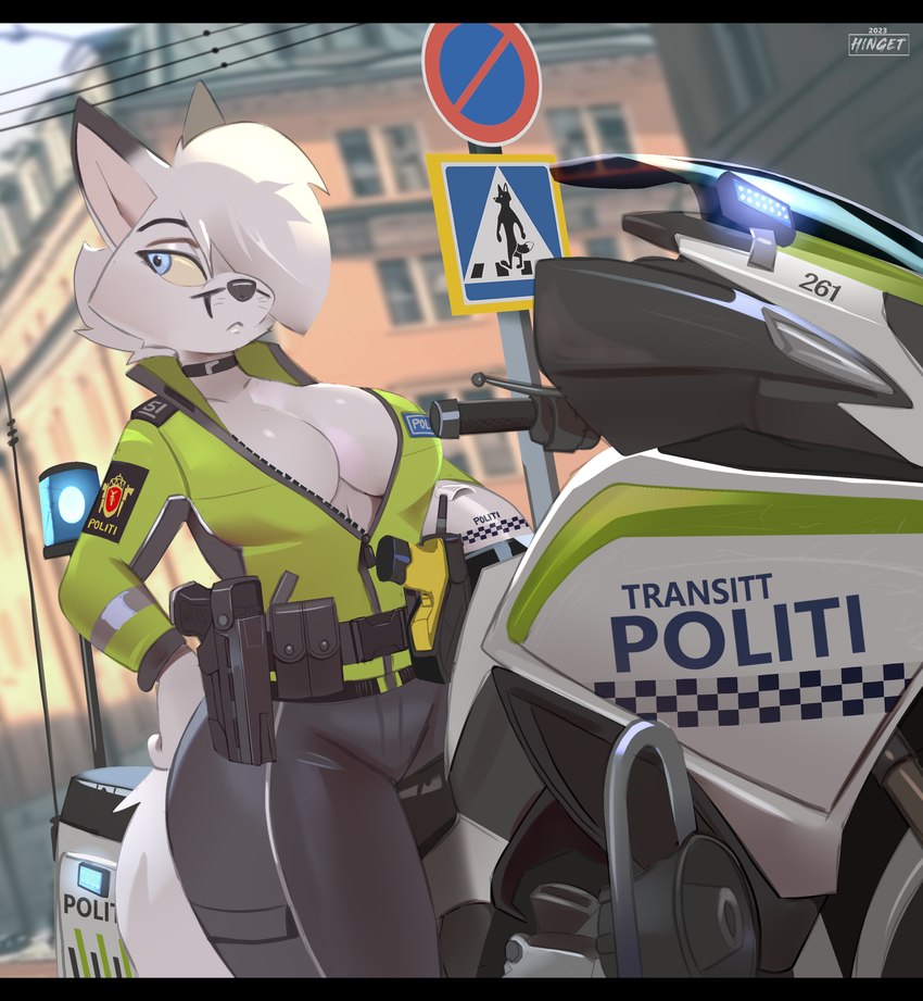 anthro black_bars blue_eyes breasts building city cleavage clothed clothing crossing_sign female fur hair hair_over_eye motor_vehicle motorcycle no_symbol norway number number_on_vehicle one_eye_obstructed outside pedestrian_crossing_sign planted_sign police police_officer road_sign sign solo street_sign symbol text urban vehicle white_body white_fur window year zipper hinget sabrina_frost canid canine fox mammal 2023 absurd_res artist_name digital_media_(artwork) hi_res norwegian_text widescreen