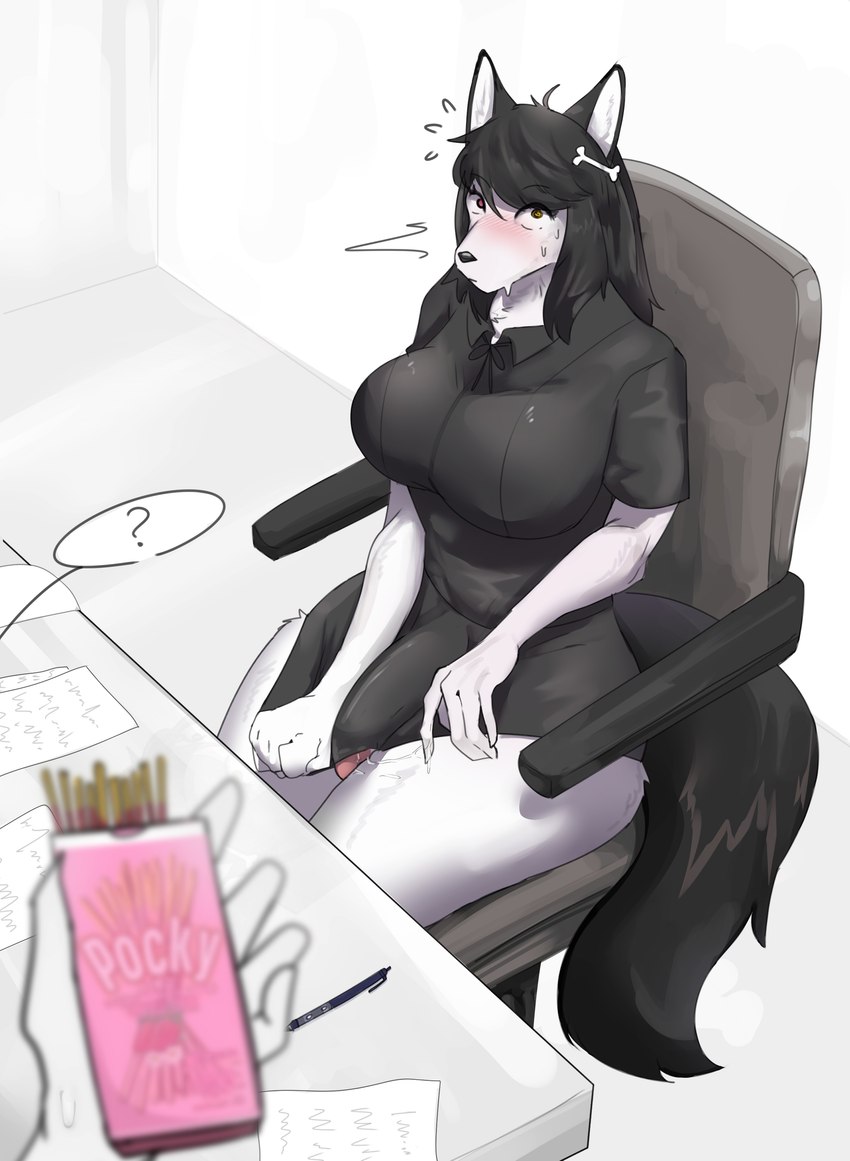 anthro big_breasts black_hair blush bodily_fluids bottomwear breasts bulge caught_in_the_act chair clothed clothing desk duo erection erection_under_clothing erection_under_skirt food fur furniture genitals gynomorph hair hiding_penis intersex office_chair penis penis_poking_out poking_penis question_mark red_eyes sitting skirt solo_focus sweat table white_body white_fur yellow_eyes kakhao pocky ava_(kakhao) canid canine mammal 2021 absurd_res digital_media_(artwork) hi_res