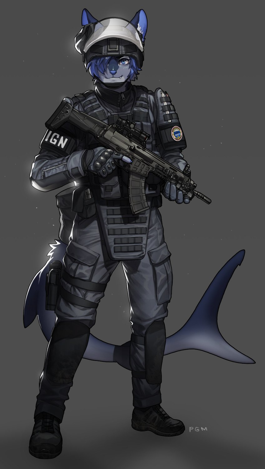 anthro armor assault_rifle blue_body blue_eyes blue_fur blue_hair bulletproof_vest clothing cz_bren_2 fangs fingerless_gloves fur gloves gun hair hair_over_eye handwear headgear helmet holster inner_ear_fluff looking_at_viewer male one_eye_obstructed ranged_weapon rifle scope shark_tail short_hair solo standing teeth tuft weapon pgm300 gign canid canine fish hybrid mammal marine shark 2021 absurd_res digital_media_(artwork) hi_res shaded