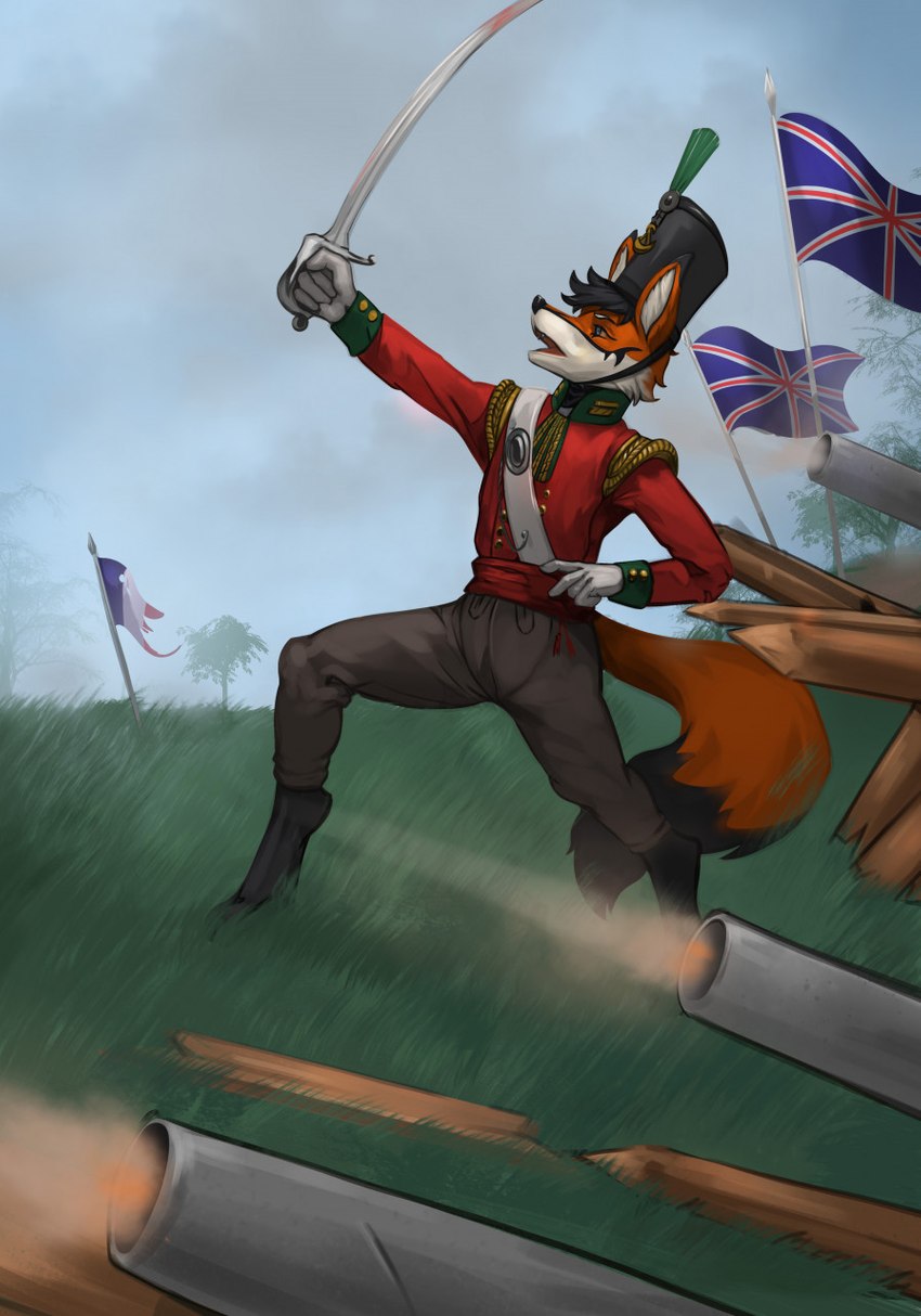 anthro biped black_hair black_nose blue_eyes blue_sky cannon clothing day detailed_background eyebrows eyelashes fangs fluffy fluffy_tail french_flag fur gloves grass hair handwear hat headgear headwear male melee_weapon military military_pants military_uniform napoleonic open_mouth orange_body orange_fur outside plant ranged_weapon sky soldier solo sword tail teeth tree uniform union_jack war warrior weapon thepimpartist canid canine fox mammal 2021 digital_media_(artwork) hi_res shaded traditional_media_(artwork)