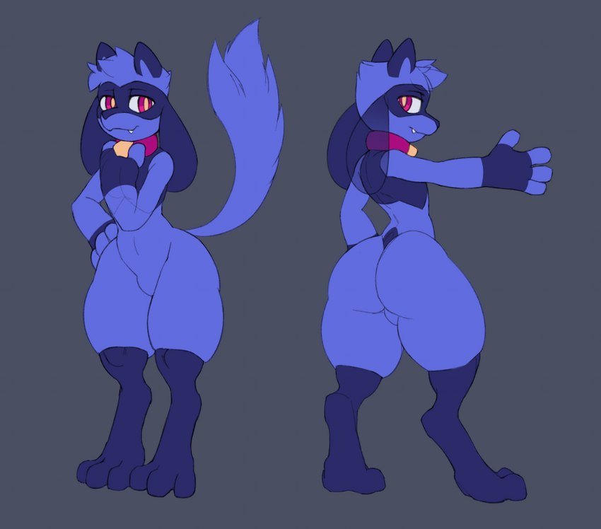 anthro arm_out big_butt bulge butt collar dark_ears digitigrade featureless_crotch front_view gloves_(marking) hand_on_hip holding_neck male markings rear_view small_waist snaggle_tooth solo thick_thighs rouwrf nintendo pokemon mylo_(rouwrf) generation_4_pokemon pokemon_(species) riolu model_sheet