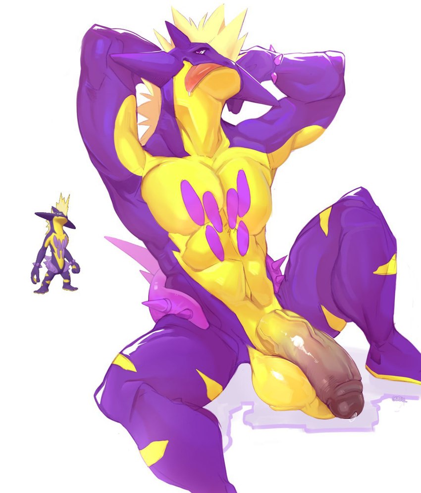 anthro athletic athletic_male balls biped bodily_fluids darkened_genitalia darkened_penis flaccid genitals glans hands_behind_head humanoid_genitalia humanoid_penis male penis purple_body saliva saliva_on_tongue simple_background sitting solo tongue tongue_out white_background yellow_body ursso_(artist) nintendo pokemon amped_toxtricity generation_8_pokemon pokemon_(species) toxtricity digital_drawing_(artwork) digital_media_(artwork) hi_res