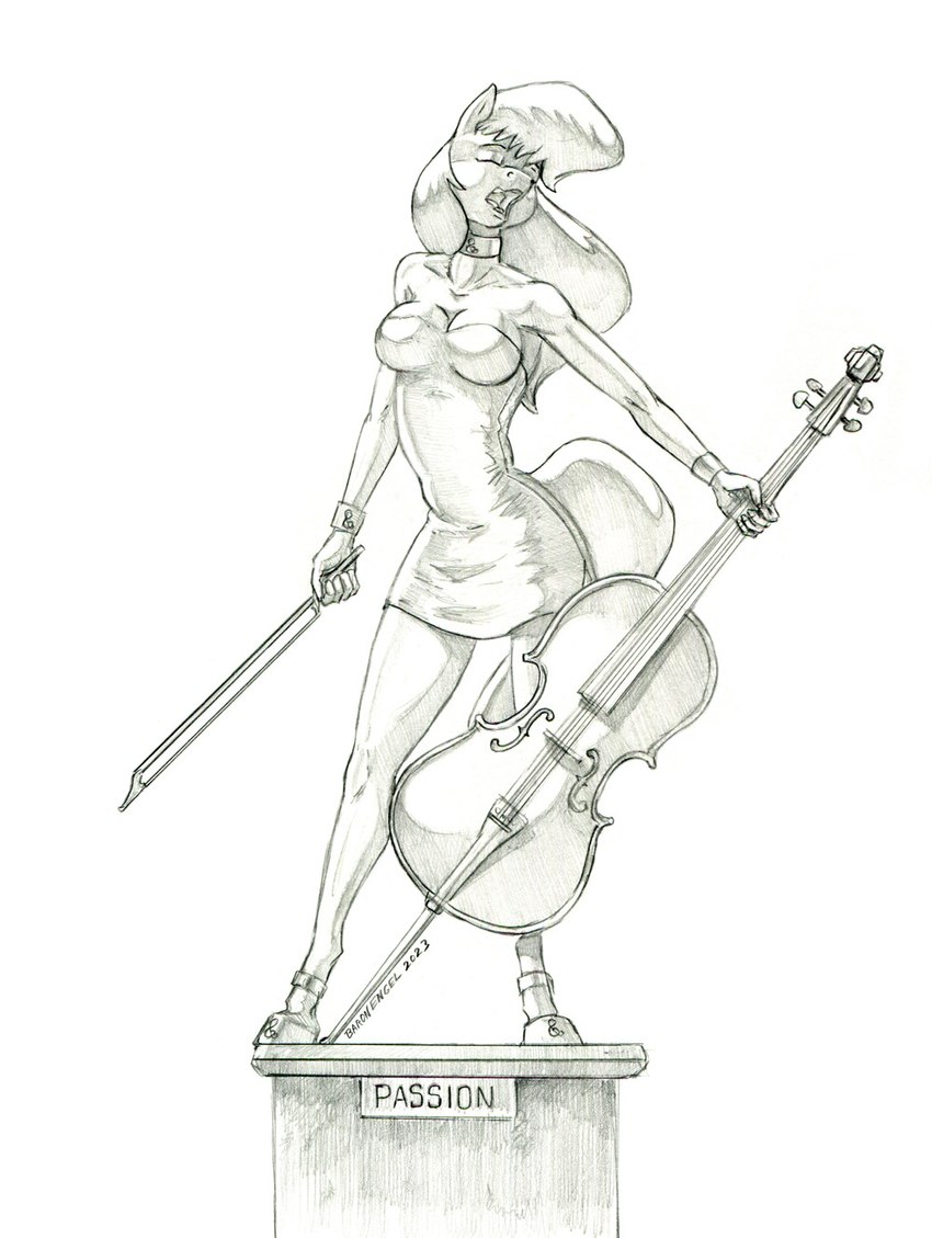 anthro anthrofied bow_(stringed_instrument) bowed_string_instrument breasts cello cleavage clothed clothing dress female hair musical_instrument open_mouth sculpture solo statue string_instrument baron_engel friendship_is_magic hasbro my_little_pony octavia_(mlp) equid equine horse mammal 2023 greyscale hi_res monochrome traditional_media_(artwork)