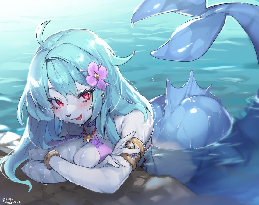 anthro blush breasts clothed clothing female gills hair long_hair outside smile solo split_form water suurin_2 autumn_rhapsody mammal marine merfolk pinniped seal absurd_res digital_media_(artwork) hi_res shaded