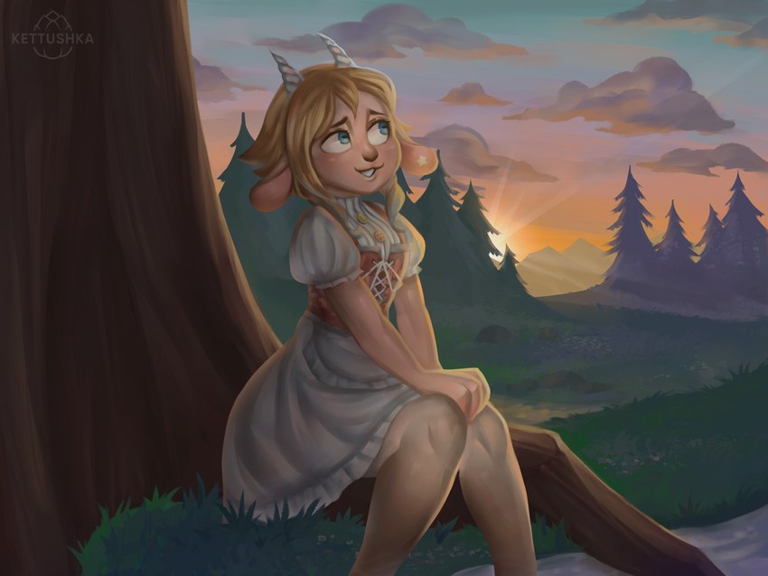 anthro blonde_hair blue_eyes clothing cloud creek dress ear_piercing ear_stud female forest grass hair horn nature outside piercing plant roots sitting sky solo sun sunset tree kettushka bovid caprine goat mammal 4:3 absurd_res hi_res