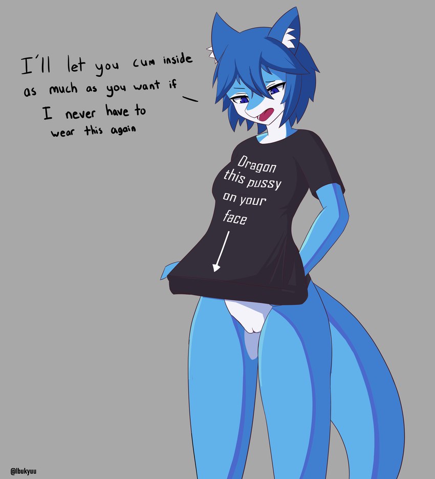 anthro anus blue_body blue_eyes blue_hair bottomless clothed clothing female genitals hair inner_ear_fluff open_mouth pussy shirt simple_background solo standing t-shirt tail text text_on_clothing text_on_shirt text_on_topwear topwear tuft ibukyu mythology ibuki_(ibukyu) dragon mythological_creature mythological_scalie scalie absurd_res english_text hi_res