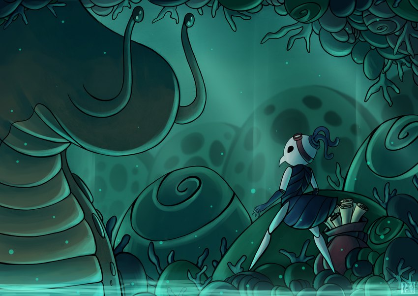 ambiguous_gender antennae_(anatomy) anthro arthropod_abdomen bag biped black_eyes duo eyewear feral fingers goggles larger_ambiguous looking_at_another outside paper size_difference smaller_ambiguous standing netmors hollow_knight team_cherry fan_character unn_(hollow_knight) arthropod gastropod mollusk slug 2020 absurd_res hi_res female_(lore)