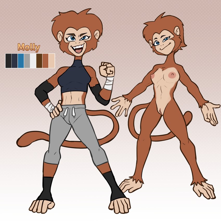 anthro barefoot bottomwear clothing feet female genitals nipples nude pants pussy smile solo teeth hexecat fan_character molly_(hexecat) haplorhine mammal monkey primate 1:1 absurd_res hi_res model_sheet