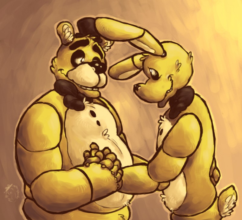 anthro bow_(feature) bow_tie clothing duo hat headgear headwear machine male male/male top_hat latexkaktus five_nights_at_freddy's five_nights_at_freddy's_3 scottgames fredbear_(fnaf) spring_bonnie_(fnaf) animatronic robot