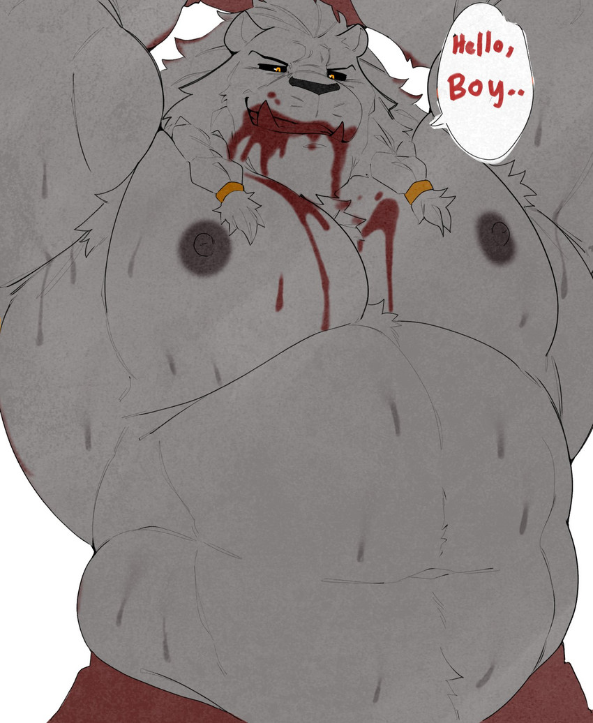 anthro armpit_hair biceps big_muscles black_sclera blood blood_in_mouth blood_on_chest blood_on_face blood_on_hand bodily_fluids body_hair bottomwear braided_mane clothed clothing deltoids dialogue fur hair looking_at_viewer looking_down looking_down_at_viewer male musclegut muscular muscular_anthro muscular_arms muscular_male nipples orange_eyes pecs raised_arms red_bottomwear red_clothing simple_background smile smiling_at_viewer solo sweat talking_to_viewer teeth text white_background white_body white_fur white_hair whitebeast20 image_comics invincible_(image_comics) thokk_(invincible) alien dornian felid mammal 2026 digital_media_(artwork) english_text hi_res