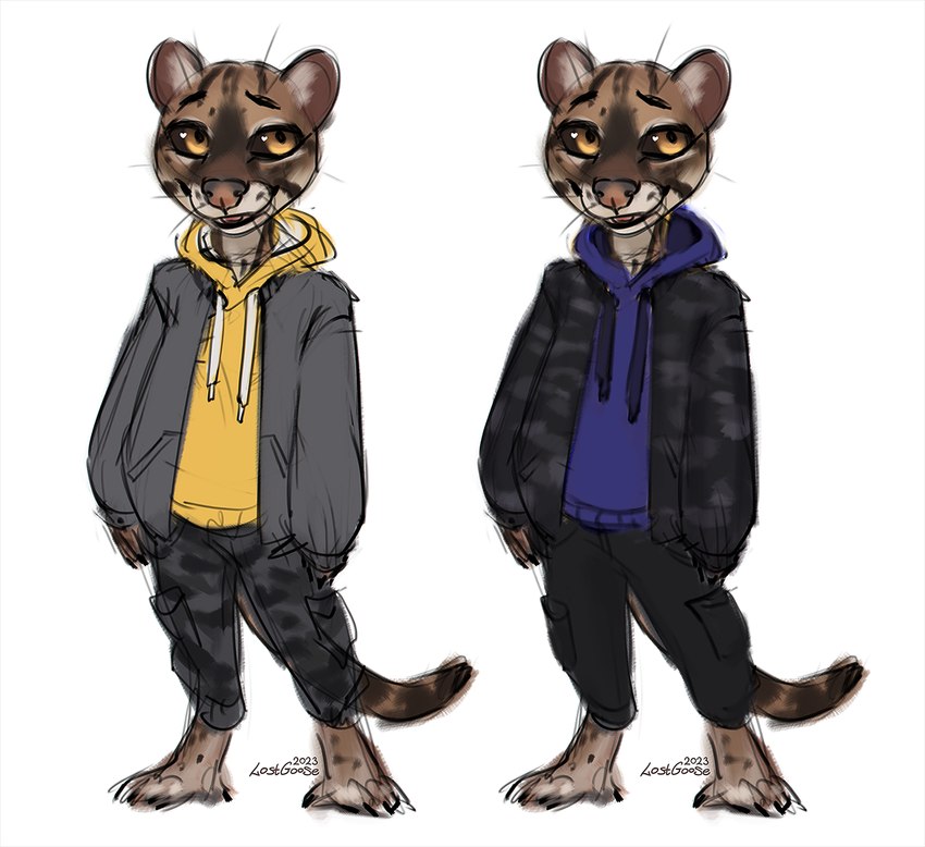 anthro black_sclera blue_clothing blue_hoodie blue_topwear bottomwear clothing female hoodie jacket orange_eyes pants simple_background solo topwear yellow_clothing yellow_hoodie yellow_topwear lostgoose felid feline leopardus mammal ocelot 2023