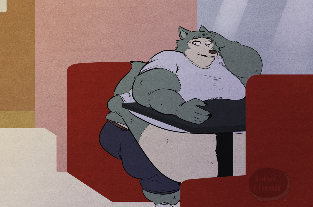 5_fingers abstract_background anthro arm_tuft belly belly_overhang belly_squish belly_tuft booth booth_seating chubby_cheeks claws clothing facial_scar facial_tuft fat_folds finger_claws fingers footwear fur glass grey_body grey_fur hand_on_face looking_down love_handles male moobs multicolored_body multicolored_fur obese obese_anthro obese_male overweight overweight_anthro overweight_male restaurant scar shirt shoes solo squish tail tan_body tan_fur text thick_arms thick_thighs topwear tuft wardrobe_malfunction white_clothing white_shirt white_topwear worried_look wound_on_face wrist_tuft basicbiscuit beastars legoshi_(beastars) canid canine canis hybrid mammal wolf artist_name hi_res