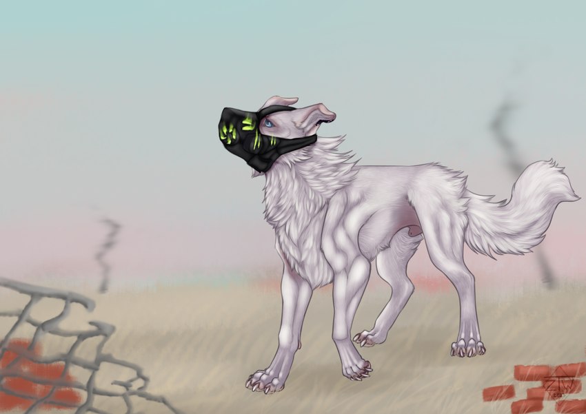 animal_genitalia brick claws feral fur gas_mask genitals male mask post-apocalyptic sheath sky smoke solo white_body white_fur zhekathewolf boosty canid canine canis domestic_dog mammal 3d_(artwork) digital_media_(artwork) full-length_portrait hi_res pastel_theme portrait