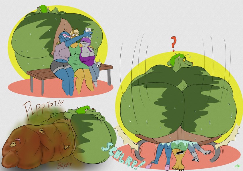 accidental_vore after_vore ambiguous_gender anal anal_vore anthro anus belly bench big_butt bodily_fluids bone bones_in_feces butt clothing death disposal fatal_vore feces female fur group hair huge_butt nude overweight partially_inside penetration pooping selfie simple_background sitting size_difference skull smile tail text trio vore green_filth bovid canid canine canis caprine fox goat mammal reptile scalie wolf comic digital_drawing_(artwork) digital_media_(artwork) english_text hi_res