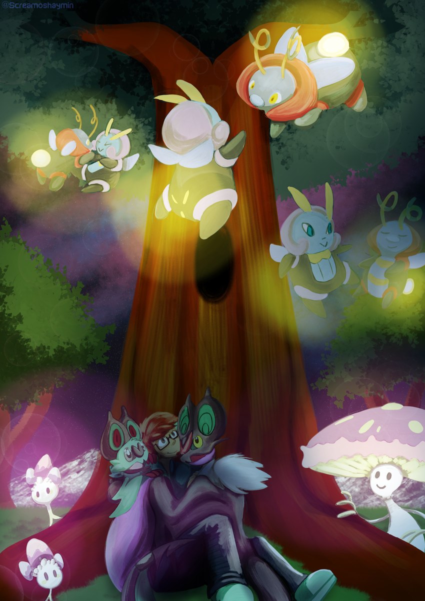 plant tree screamoshaymin nintendo pokemon blake_rothenberg generation_3_pokemon generation_6_pokemon generation_7_pokemon human illumise mammal morelull noibat noivern pokemon_(species) shiinotic volbeat absurd_res hi_res