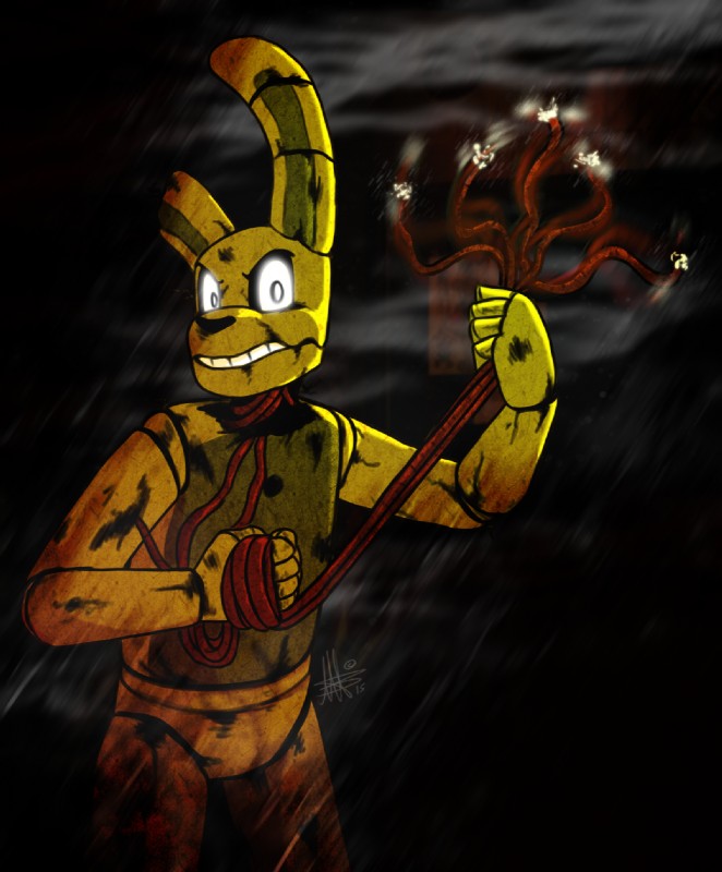 anthro biped bite biting_lip biting_own_lip black_nose blood bodily_fluids decayed decaying elderly electricity floppy_ears glowing glowing_eyes grin hallway hole_(anatomy) inside lips machine male outside raining self_bite smile solo standing static steam violence white_eyes wire thepipefox five_nights_at_freddy's five_nights_at_freddy's_3 scottgames springtrap_(fnaf) animatronic lagomorph leporid mammal rabbit robot hi_res