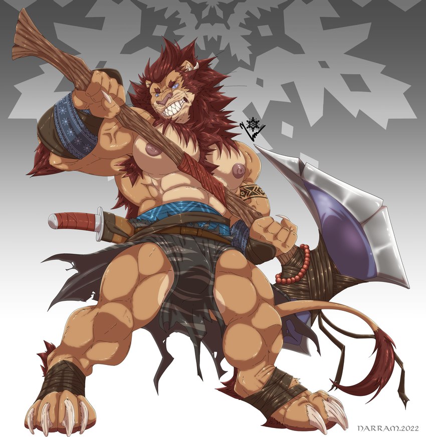 abs anthro armpit_hair axe body_hair claws greataxe male muscular muscular_anthro muscular_male nipples pecs sharp_teeth solo teeth vein veiny_muscles narram lustful_desires sabal_(lustful_desires) felid lion mammal pantherine absurd_res hi_res