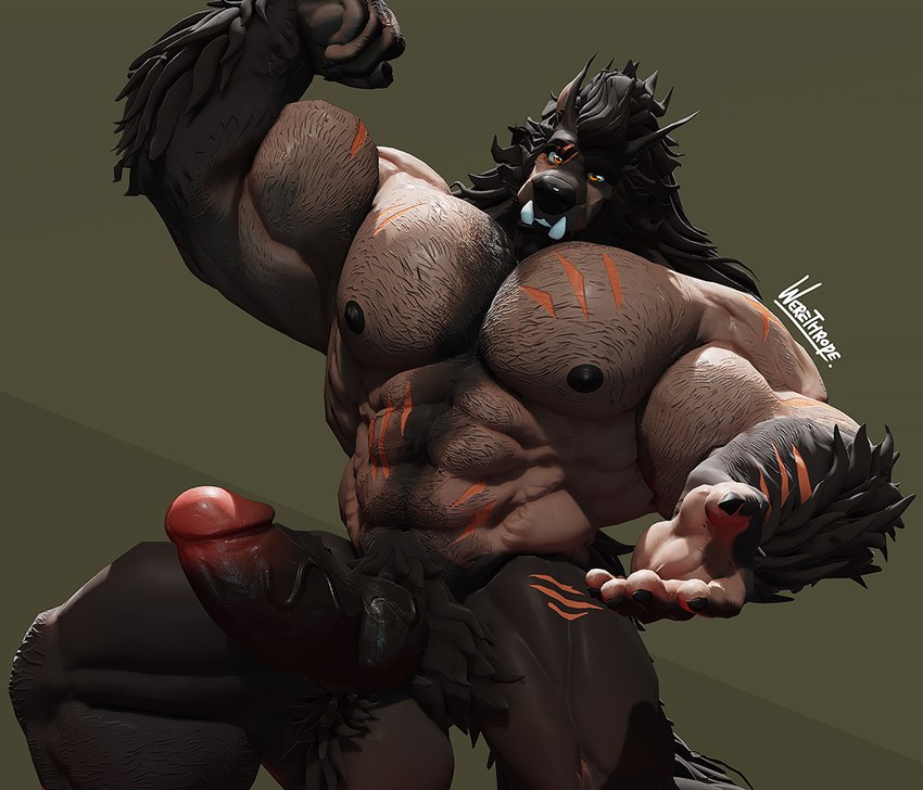 abdominal_scar abs anthro arm_hair arm_tuft balls biceps big_balls big_muscles big_pecs big_penis black_eyes black_nipples black_penis body_hair chest_hair chest_scar claws finger_claws flexing flexing_bicep genitals green_background hairy_abs humanoid_genitalia humanoid_penis hybrid_genitalia hybrid_penis inviting_viewer knot knotted_humanoid_penis knotted_penis leg_scar looking_at_viewer male muscular muscular_thighs navel nipples obliques orange_eyes pecs penis scar simple_background solo text thick_penis tuft tusks vein veiny_muscles werethrope mythology kouya_wulfhardt canid canine canis mammal mythological_canine mythological_creature werecanid werecanine werecreature werewolf wolf 2023 3d_(artwork) artist_name digital_media_(artwork)