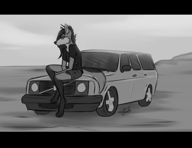 anthro black_bars car clothed clothing eyewear female fully_clothed glasses motor_vehicle solo station_wagon vehicle wolfpsalm volvo_(car) psalm_(wolfpsalm) canid canine mammal maned_wolf 2017 absurd_res digital_media_(artwork) hi_res letterbox monochrome