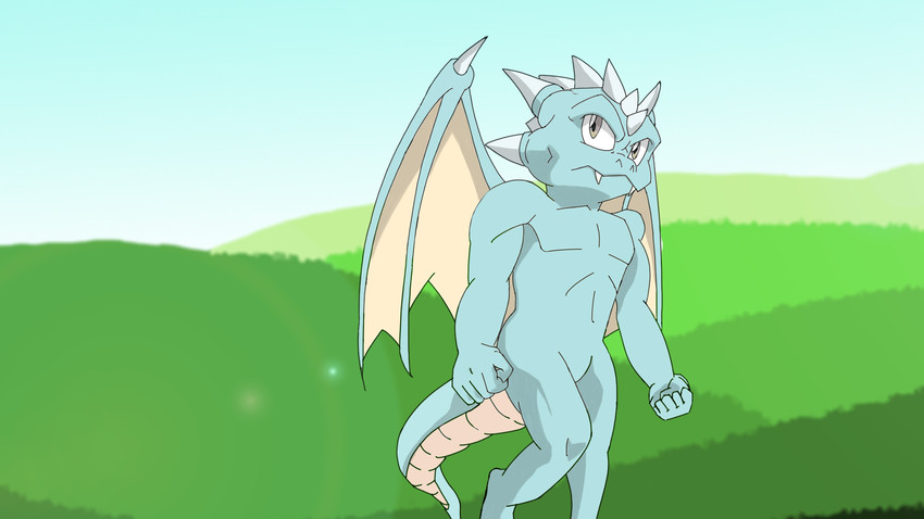 anthro male nude pose simple_background solo tail wings silverbunny monster_world_(series) mythology dragon_man wonder_boy dragon humanoid mythological_creature mythological_scalie reptile scalie winged_humanoid 16:9 hi_res widescreen