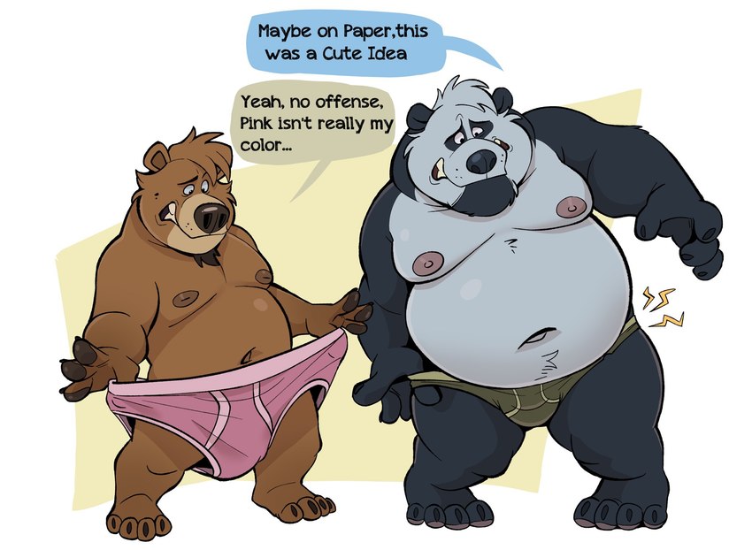 anthro belly big_belly black_body black_nose bottomwear brown_body bulge clothing comparing dialogue duo male moobs navel nipples oversized_bottomwear oversized_clothing oversized_underwear overweight overweight_male simple_background size_difference text undersized_bottomwear undersized_clothing undersized_underwear underwear white_body dead_stray_bear b_(dead_stray_bear) cody_luis bear giant_panda mammal 2024 english_text hi_res