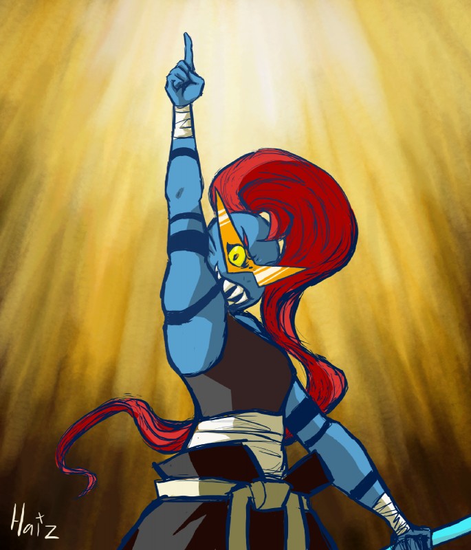 anthro bandage clothed clothing cosplay eyewear female gesture glasses grin hair hand_gesture light long_hair looking_at_viewer open_mouth pointing pointing_up raised_arm red_hair sharp_teeth smile solo teeth wraps yellow_sclera unicorngender tengen_toppa_gurren_lagann undertale undertale_(series) kamina_(gurren_lagann) undyne fish mammal marine crossover digital_media_(artwork) half-length_portrait hi_res lol_comments portrait signature