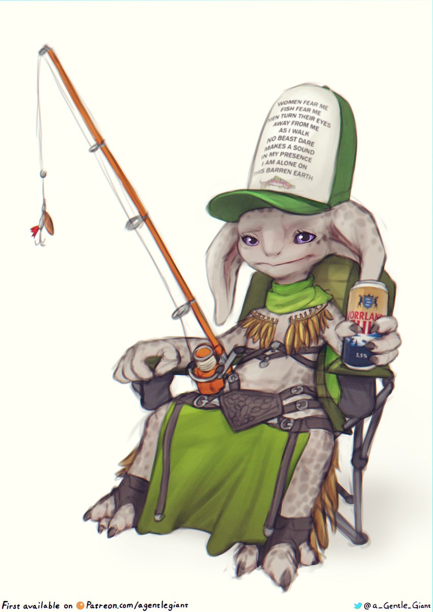 alcohol beer beverage chair clothing female fishing_rod floppy_ears furniture green_clothing hat headgear headwear markings scarf simple_background sitting solo spots spotted_markings text text_on_clothing text_on_hat text_on_headwear white_background the_gentle_giant guild_wars meme_clothing women_want_me_fish_fear_me vimmi_rayphont asura humanoid 2022 absurd_res digital_media_(artwork) english_text hi_res meme swedish_text url