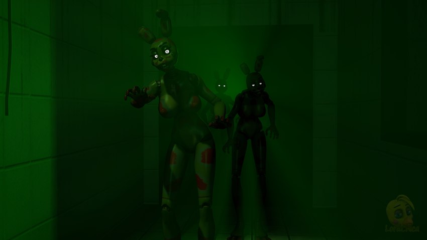 abandoned_building anthro blood blood_on_hand blood_on_leg bodily_fluids breasts eyebrows female glowing glowing_eyes green_body green_light green_lighting group machine rabbit_ears trio lordchica_(artist) five_nights_at_freddy's five_nights_at_freddy's_3 scottgames springtrap_(fnaf) animatronic lagomorph leporid mammal rabbit robot 16:9 2018 3d_(artwork) 4k absurd_res digital_media_(artwork) hi_res source_filmmaker_(artwork) widescreen