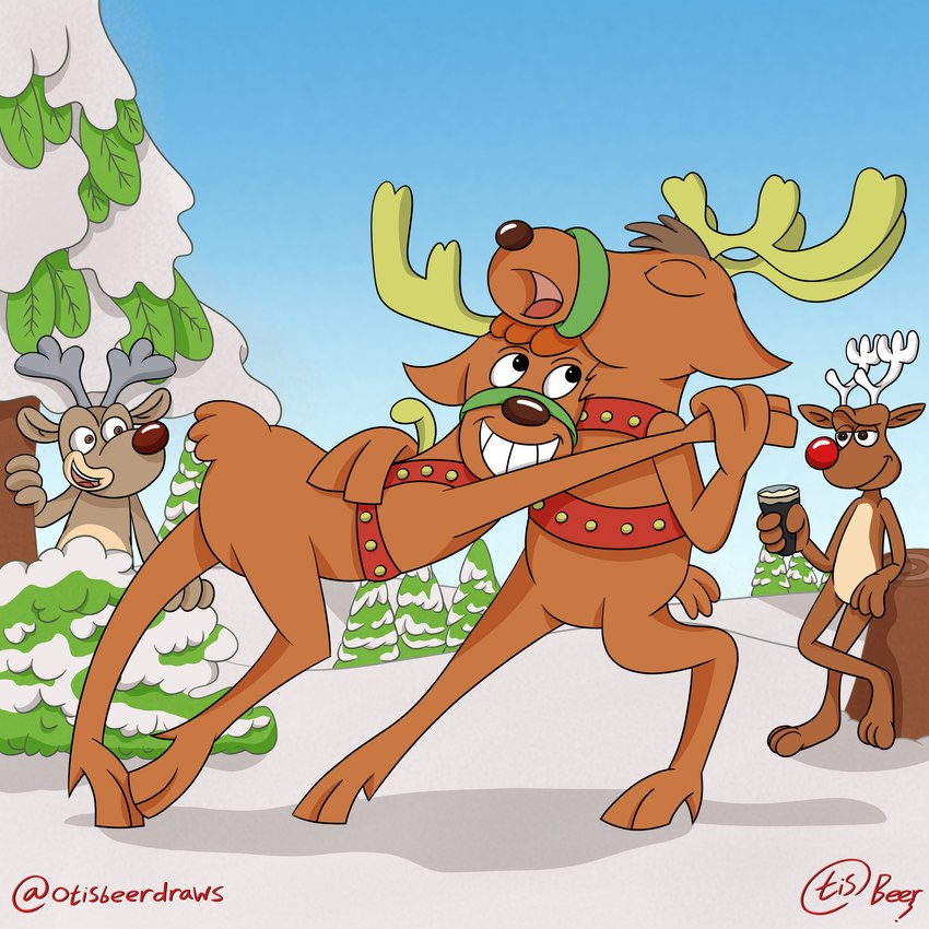 antlers black_eyes brown_body brown_eyes brown_fur dancing fur group holidays horn male red_nose smile otisbeerdraws christmas guinness robbie_the_reindeer_(series) spot's_magical_christmas spot_the_dog_(series) robbie_the_reindeer deer mammal new_world_deer reindeer 1:1 absurd_res hi_res