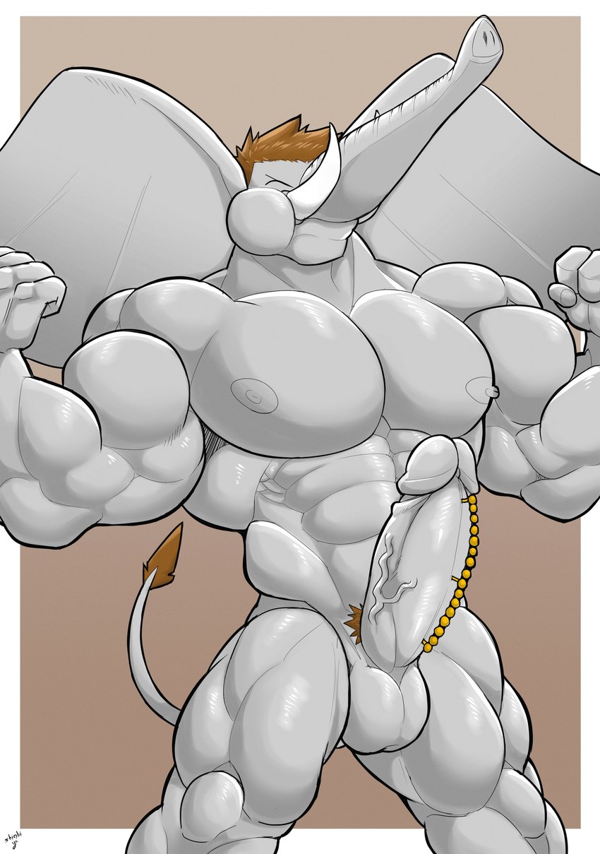 anthro balls big_balls big_biceps big_muscles big_pecs big_penis brown_hair brown_pubes brown_tail_tuft erection eyes_closed flexing flexing_muscles genital_piercing genitals grey_body hair male muscular muscular_male nipples pecs penis penis_chain penis_piercing piercing proboscis_(anatomy) pubes solo tail tail_tuft trunk_(anatomy) tuft tusks vein veiny_penis shinobiya elephant elephantid mammal proboscidean absurd_res hi_res