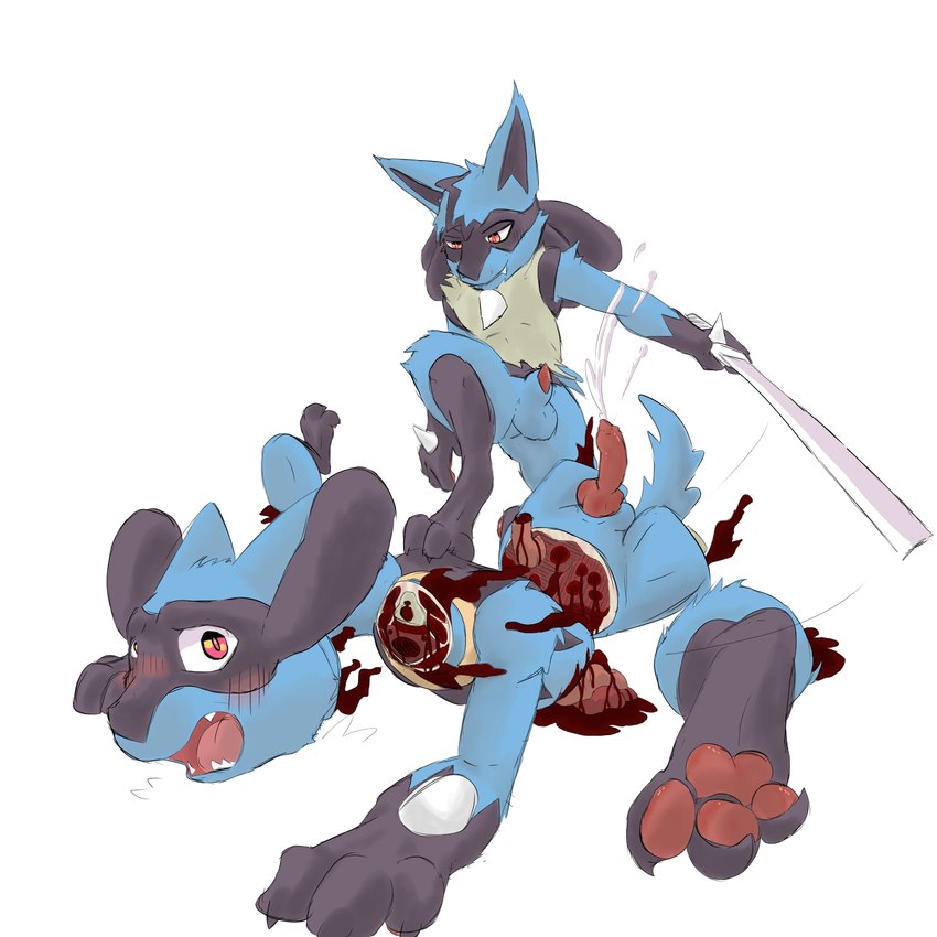 animal_genitalia animal_penis anthro bisected blush bodily_fluids canine_genitalia canine_penis cum decapitation dismemberment duo genital_fluids genitals gore gore_focus headless interspecies male male/male melee_weapon penis pokephilia severed_legs simple_background sword uncertain_goregasm weapon white_background envtoxic nintendo pokemon generation_4_pokemon lucario pokemon_(species) riolu 1:1 hi_res