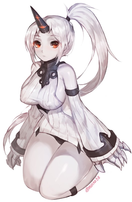 big_breasts breasts claws clothed clothing erect_nipples female hair horn long_hair machine nipple_outline nipples not_furry ponytail red_eyes sitting solo tight_clothing white_hair mukka kantai_collection harbour_princess humanoid hybrid monster shinkaisei-kan hi_res