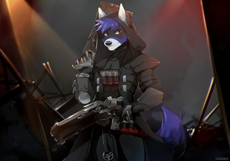 5_fingers anthro armor black_nose blue_body blue_fur blue_hair detailed_background fingers fur gun hair holding_gun holding_object holding_ranged_weapon holding_weapon male ranged_weapon red_eyes smile solo weapon hihikori blizzard_entertainment overwatch canid canine canis domestic_dog mammal 2017