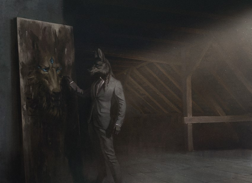 3_eyes 5_fingers admiring anthro attic blue_eyes clothing dress fingers hair light long_hair male multi_eye necktie painting solo standing suit sunlight teeth bra1neater canid canine canis domestic_dog mammal 2023 digital_media_(artwork) hi_res portrait