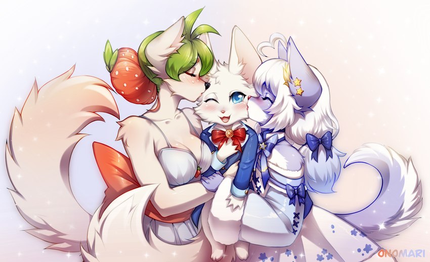 ahoge anthro bangs biped blue_body blue_eyes blue_fur blush breasts cheek_tuft cleavage clothed clothing countershade_face countershade_fur countershade_tail countershading dress ear_piercing eyelashes eyes_closed facial_tuft feet female fur green_hair group hair hindpaw inner_ear_fluff kissing_cheek long_sleeves male one_eye_closed paws piercing pink_nose shirt tail topwear trio tuft white_body white_fur white_hair young onomari luna_snowflake navi_(yume_100) strawberry_mist canid canine felid feline mammal 2024 artist_name digital_media_(artwork) hi_res shaded