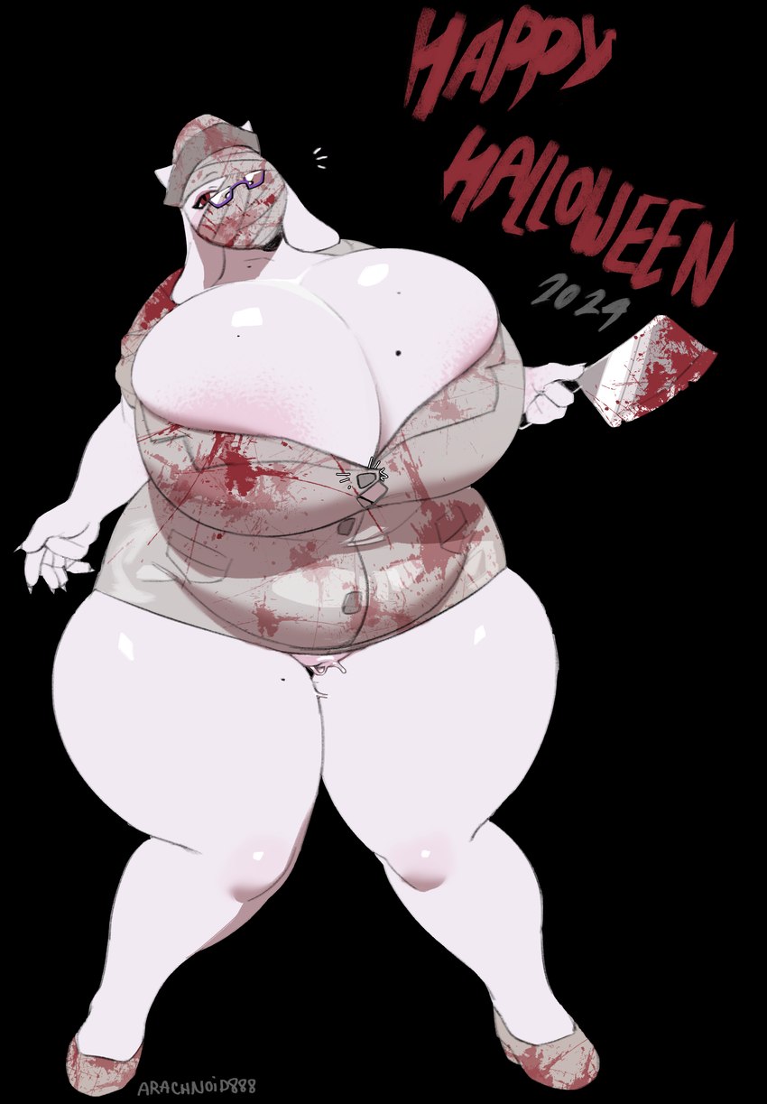 anthro areola belly big_belly big_breasts blood bodily_fluids breasts cleavage clothed clothing costume dress eyewear female footwear fur genital_fluids genitals glasses halloween_costume hat headgear headwear holding_object holidays horn huge_breasts knife looking_at_viewer markings mature_anthro mature_female minidress mole_(marking) mole_on_breast nurse nurse_clothing nurse_hat nurse_headwear nurse_uniform overweight overweight_anthro overweight_female pussy pussy_peek shoes simple_background skimpy skimpy_dress slightly_chubby slightly_chubby_anthro slightly_chubby_female solo text thick_thighs uniform vaginal_fluids voluptuous_female weapon white_body white_fur wide_hips arachnoid888 halloween konami silent_hill undertale undertale_(series) toriel boss_monster_(undertale) bovid caprine goat mammal monster nurse_(silent_hill) absurd_res colored digital_drawing_(artwork) digital_media_(artwork) english_text hi_res