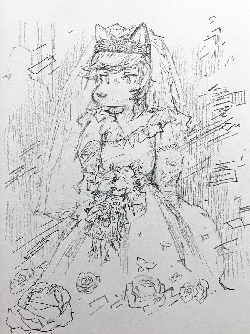 anthro bangs biped bouquet breasts clothing dress female female_anthro flower hair plant simple_background solo standing wedding_dress wedding_veil white_background remy_boydell 920london image_comics hana_venom canid canine mammal 2023 graphite_(artwork) hi_res monochrome official_art sketch traditional_media_(artwork)