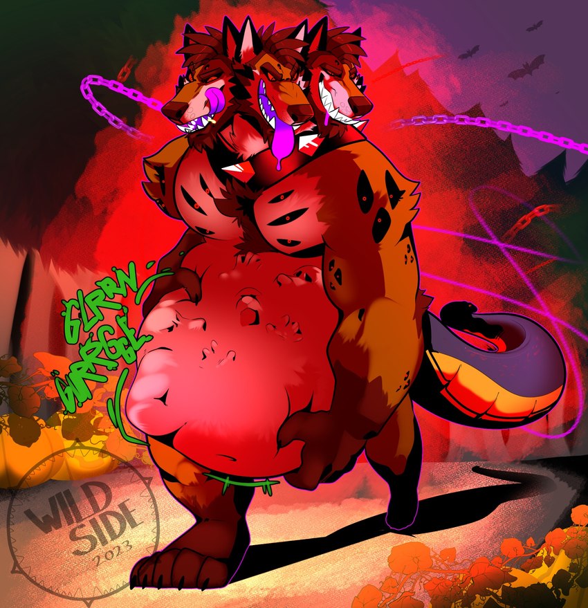 3_heads anthro anthro_pred belly big_belly biped bodily_noises chain digestion_noises face_imprint food fruit fully_inside green_text hand_imprint hand_on_belly hand_on_own_belly hands_on_own_belly holidays imprint male male_pred multi_head multiple_prey navel onomatopoeia organs plant pumpkin rumbling_stomach smile sound_effects stomach text unseen_prey vore vowelless vowelless_sound_effect wildside halloween wild_(wildside) hyena mammal 2023 artist_name dated digital_drawing_(artwork) digital_media_(artwork) english_text hi_res watermark