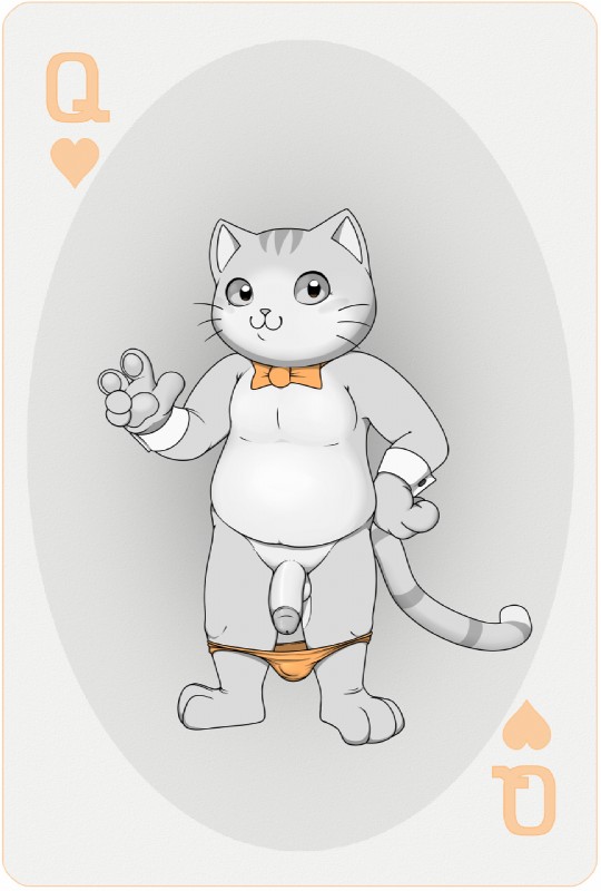 anthro balls bow_(feature) bow_tie card card_template circumcised clothed clothing flaccid genitals gesture hand_gesture heart_symbol hearts_(suit) humanoid_genitalia humanoid_penis looking_at_viewer male partially_clothed penis playing_card playing_card_template queen_of_hearts_(card) simple_background slightly_chubby solo underwear underwear_down v_sign neenya working_buddies! tapio_chatarozawa domestic_cat felid feline felis mammal 2018 hi_res