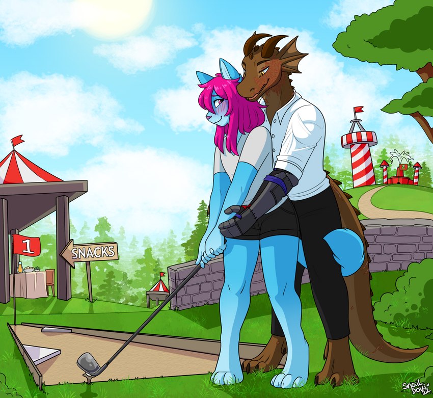 amusement_park anthro blue_body blue_fur blush clothed clothing duo fur golf golf_club golf_swing hair hug male male/male pink_hair sport snaildoki space_station_13 breaks-the-stone skyy_keiino domestic_cat felid feline felis lizard mammal reptile scalie tajaran hi_res