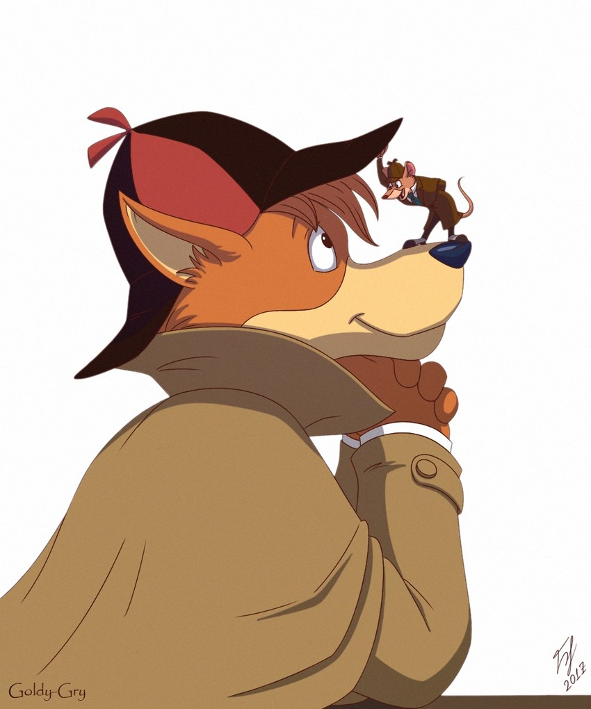 anthro brown_body brown_fur brown_hair clothing detective detective_hat duo elbows_on_table eye_contact footwear fur hair looking_at_another male necktie shoes simple_background size_difference suit tan_body tan_fur white_background goldy-gry disney sherlock_hound_(series) the_great_mouse_detective basil_(disney) sherlock_hound canid canine canis domestic_dog mammal mouse murid murine rodent 2017 5:6 hi_res signature