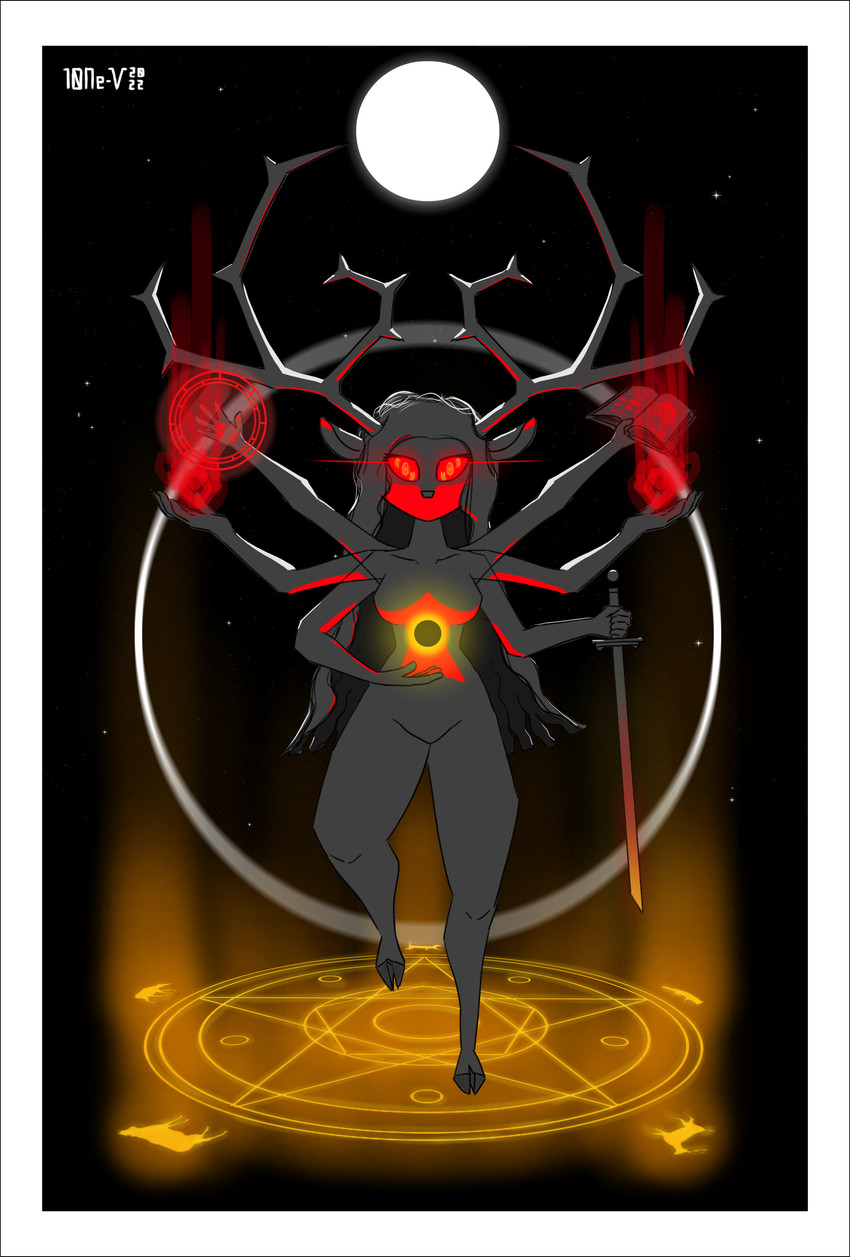 anthro antlers black_border black_hole border female fire fireball holding_melee_weapon holding_object holding_sword holding_weapon horn levitation looking_at_viewer magic melee_weapon moon multi_arm multi_limb night occult_symbol pentagram red_eyes ritual solo star sword symbol weapon 10ne-v deer mammal absurd_res hi_res