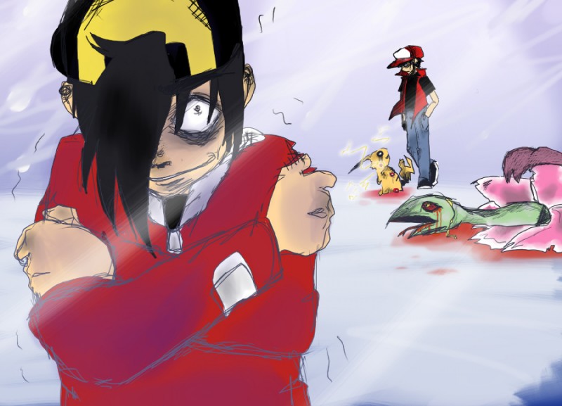 ethan, freakachu, pokemon trainer, and red (snow on mt. silver (creepypasta) and etc) created by dormin-dim