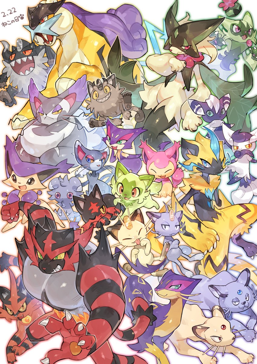 5_fingers ambiguous_gender anthro biped claws eyes_closed fangs feral fingers green_body grin group one_eye_closed open_mouth open_smile quadruped sabertooth_(anatomy) sharp_teeth smile tail teeth tongue tongue_out whiskers yellow_body wolftapioca cat_day nintendo pokemon alolan_form alolan_meowth alolan_persian delcatty espurr felid feline floragato galarian_form galarian_meowth generation_1_pokemon generation_2_pokemon generation_3_pokemon generation_4_pokemon generation_5_pokemon generation_6_pokemon generation_7_pokemon generation_8_pokemon generation_9_pokemon glameow incineroar legendary_pokemon liepard litten mammal meowscarada meowstic meowth pantherine perrserker persian_(pokemon) pokemon_(species) purrloin purugly raikou regional_form_(pokemon) skitty sprigatito torracat zeraora absurd_res dated hi_res