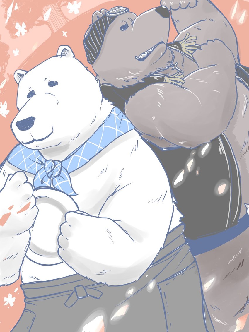 anthro apron belly black_nose brown_body brown_fur clothing duo fur kemono male overweight overweight_male white_body white_fur dain_4201 shirokuma_cafe grizzly_(shirokuma_cafe) shirokuma bear brown_bear grizzly_bear mammal polar_bear ursine 2021 hi_res