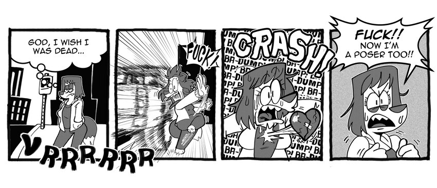 4_panel_comic angry anthro car car_crash dialogue female hand_in_pocket near_death pockets profanity solo speeding text vehicle galactabee nikki_(galactabee) canid canine canis domestic_dog mammal 2023 english_text greyscale hi_res monochrome