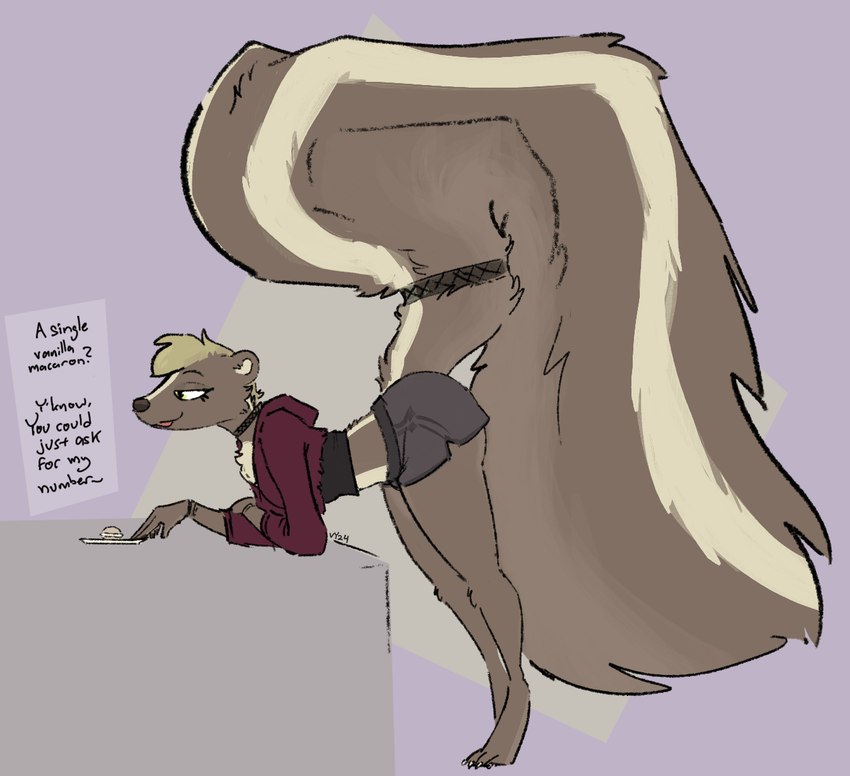 anthro bent_over big_butt big_tail bottomwear brown_body brown_fur butt choker clothing cookie cropped_jacket dialogue femboy flirting fluffy fluffy_tail food fur huge_tail jewelry long_tail macaron_(food) male necklace purple_background shorts simple_background solo speech_bubble tail tan_body tan_fur text thick_thighs vanillayote vanilla_(vanillayote) mammal mephitid skunk english_text hi_res
