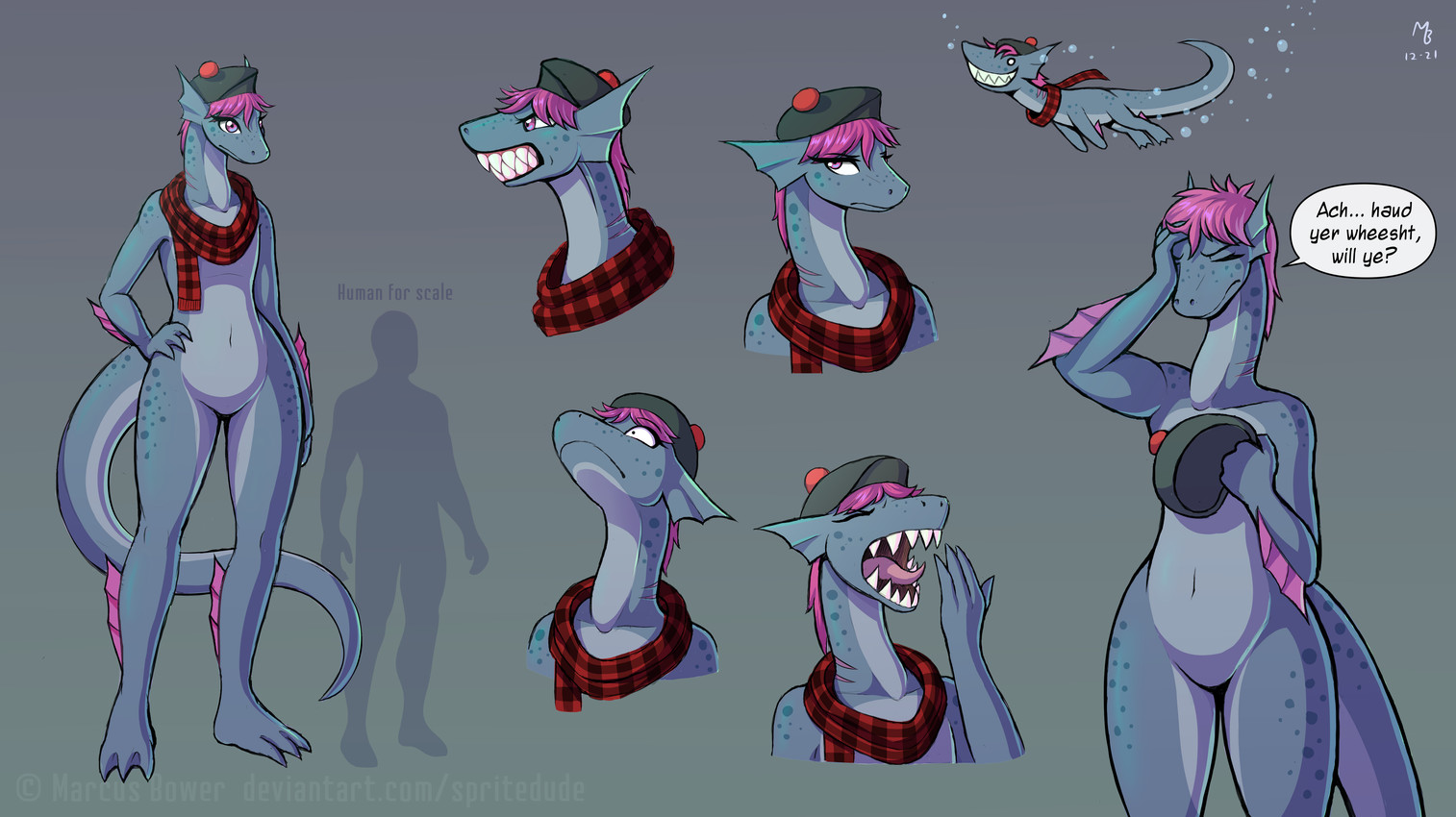 angry anthro arm_fin bared_teeth blue_body bonnet clothing countershade_torso countershading eyelashes featureless_crotch female fin freckled_face freckled_hips freckled_legs freckled_shoulders freckled_tail freckled_thighs freckles gills hair head_fin headgear headwear larger_female long_eyelashes long_neck markings mostly_nude navel non-mammal_navel nude open_mouth pink_eyes pink_hair pink_tongue scarf scarf_only scottish_accent size_difference smooth_skin snout solo spot_freckles spots spotted_body spotted_face spotted_hips spotted_legs spotted_markings spotted_shoulders spotted_skin spotted_tail spotted_thighs tail tail_markings tongue yawn spritedude nessie_(spritedude) human loch_ness_monster mammal absurd_res hi_res model_sheet signature watermark