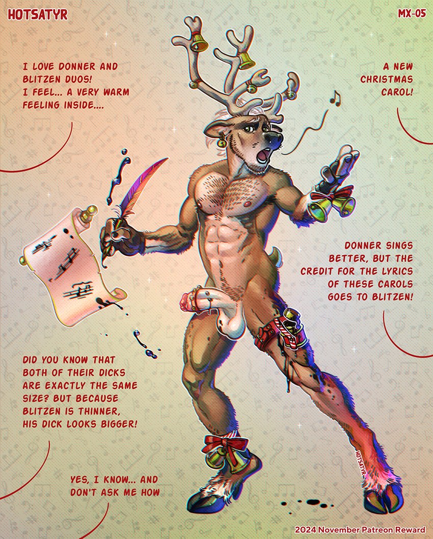 abs anthro antlers bag balls beard bell bell_harness body_hair chest_hair cloven_hooves composer dialogue dildo erection facial_hair genitals gift harness holidays hooves horn humanoid_genitalia humanoid_penis ink jingle_bell jingle_bell_harness male muscular muscular_anthro muscular_male music musical_note musical_symbol nipples offscreen_character pecs penis plume reindeer_antlers ribbons scut_tail serratus sex_toy shaved_balls short_tail simple_background singing solo sparkles symbol tail text hotsatyr christmas blitzen cervine deer mammal new_world_deer reindeer 2024 english_text letterbox sibling_(lore) twins_(lore)