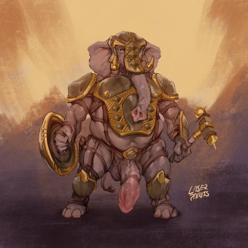 abstract_background animal_genitalia animal_penis anthro armor armor_only elephant_penis genitals hammer headgear helmet male penis shield solo tools trunk warhammer weapon laser_(artist) elephant elephantid humanoid mammal proboscidean 1:1 hi_res